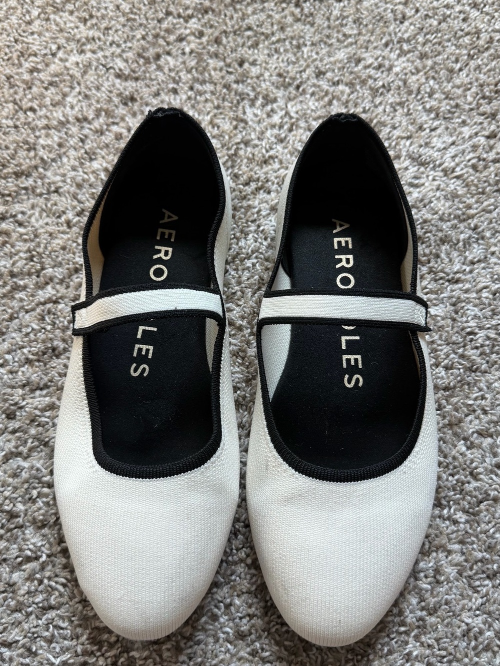 AEROSOLES Cream Canvas Mary Jane Flats with Black Trim